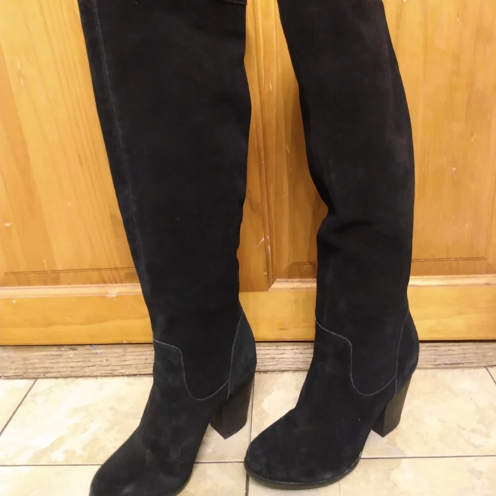 Michael Shannon Abbie Knee High Boots Womens Size 6 Black Suede Leather Zip